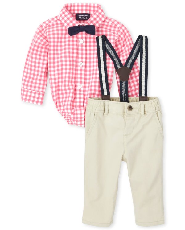 Baby Boys Long Sleeve Gingham Poplin Button Down Bodysuit Woven Chino Pants Bow Tie And Suspenders Outfit Set
