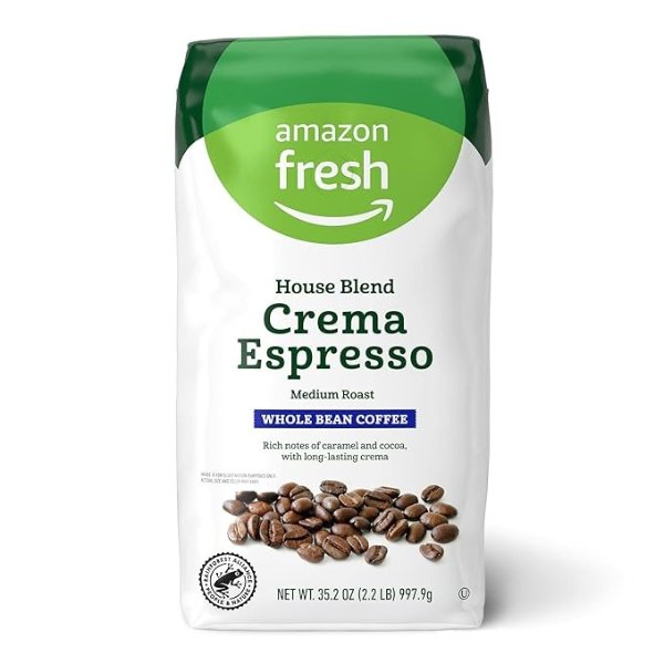 Amazon Fresh House Blend Crema Espresso, Whole Bean, Medium Roast, 2.2 lb