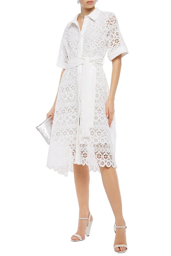 Ralfa belted crepe-trimmed guipure lace midi shirt dress