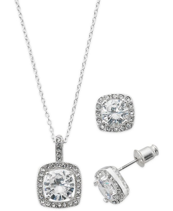 Fine Silver Plate Cubic Zirconia Necklace and Stud Earring Set, 18" + 3" extender