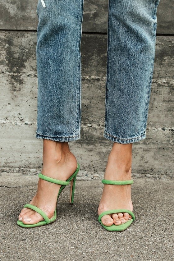 Theyaa Green Suede Square-Toe High Heel Sandals