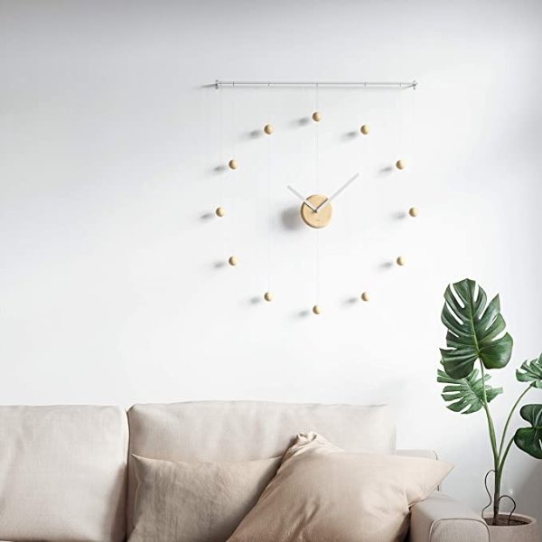 Hangtime Modern DIY 3D Hanging, Large Decorative Wall Clock, Simple Indicators, Minimalist, White-Natural