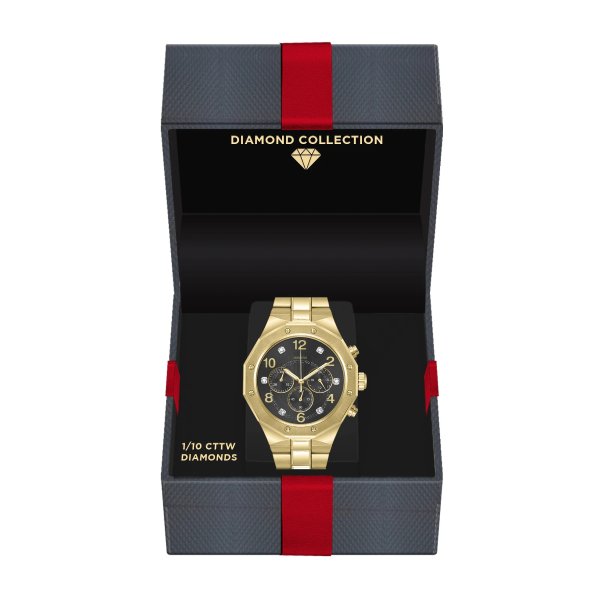 Men's Fashion Luxury Watch 1 / 10 Ct. Diamond Accent Quartz Movement Black Dial es 3657G-18-G27