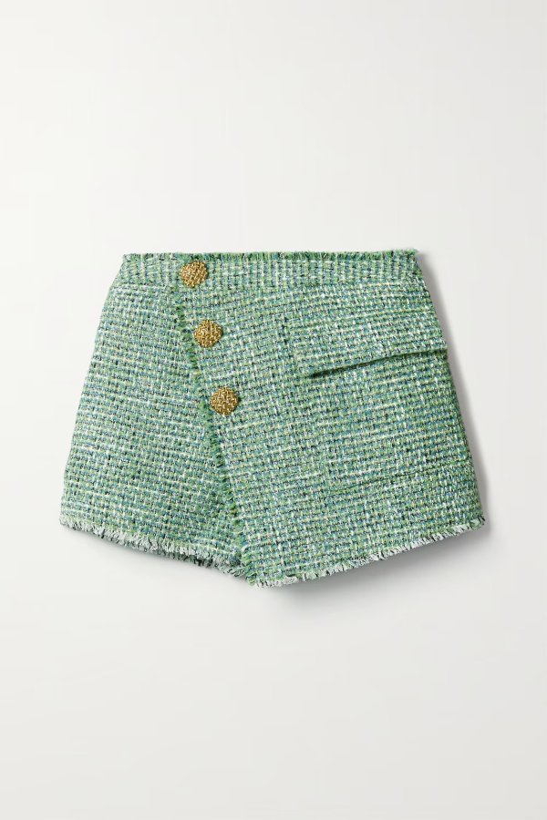 Layered button-embellished tweed shorts