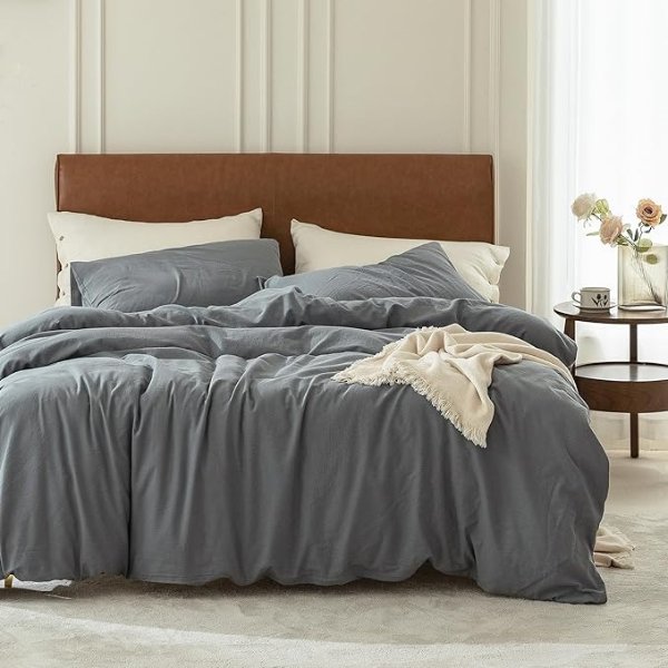 Duvet Cover Set 100% Washed Cotton 3 Pieces Bedding Set Twill Soft Cozy Breathable Sturdy Substantial with Textured Weave Solid Blueish Grey Full/Double
