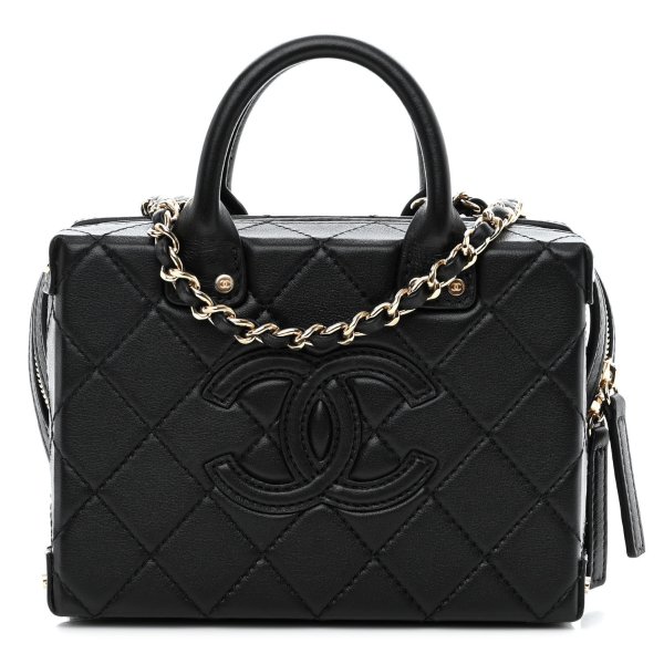 Calfskin Quilted Small Studded Square Vanity Case Black | FASHIONPHILE