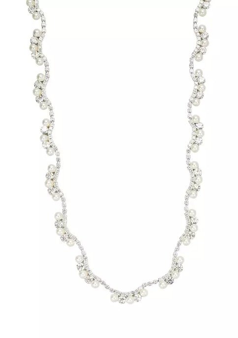 Silver Tone Delicate Pearl and Crystal Collar Necklace