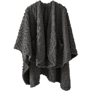 Fuzzy Sherpa Wearable Fleece Blanket with Pockets for Adults, Ultra Soft Plush Shawl TV Throw Blankets (Grey, 58'' x 64'')