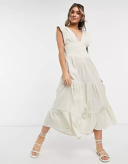 shirred waist button front tiered midi sundress in crinkle in oatmeal | ASOS