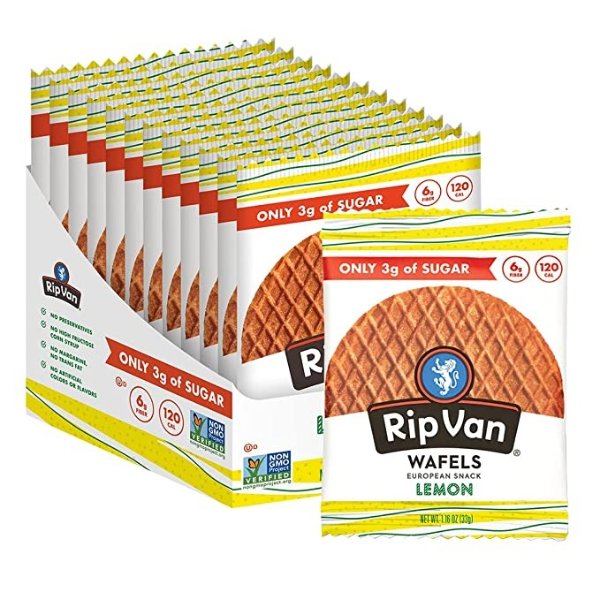 Rip Van WAFELS Lemon Stroopwafels - Healthy Snacks - Non GMO Snack - Keto Friendly - Office Snacks - Low Sugar (3g) - Low Calorie Snack - 12 Count (Packaging May Vary)