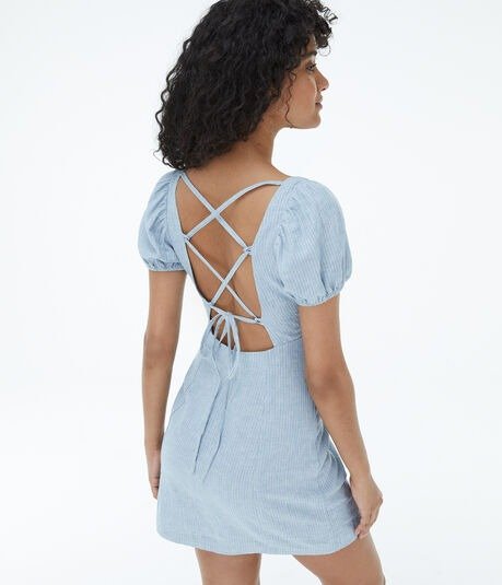 Striped Square-Neck Lace-Up Back Mini Dress***