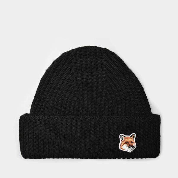 Fox Head Patch Ribbed Hat in Black Wool
