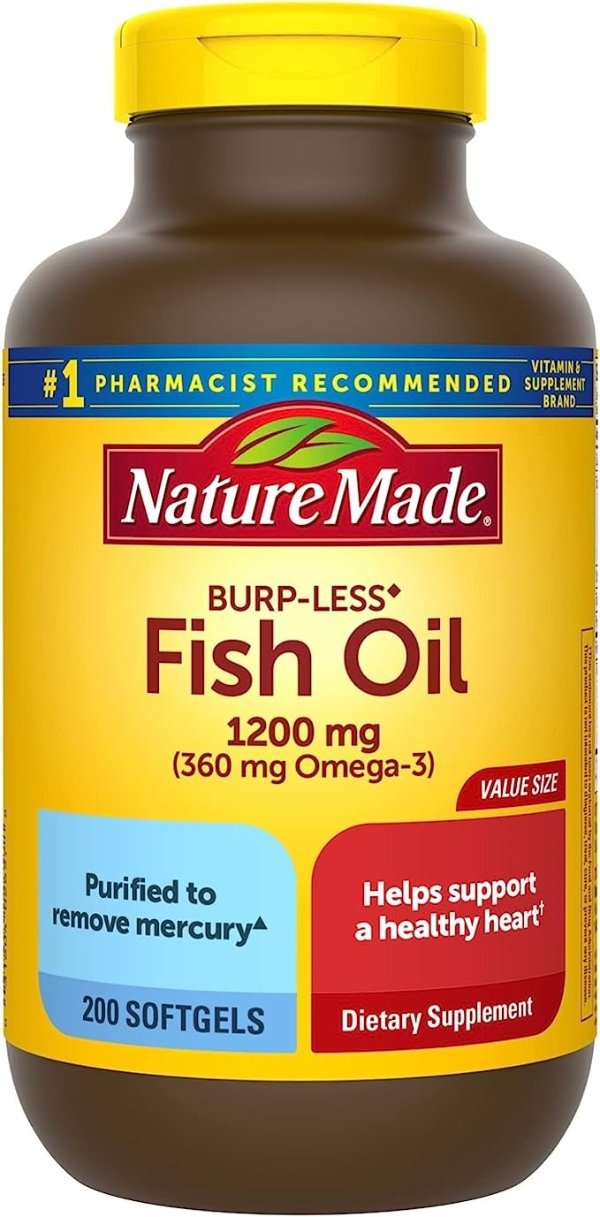 Burp-Less Fish Oil 1,200 mg Softgels, 200 Count for Heart Health† (Packaging May Vary)