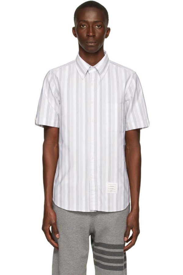 White & Grey Oxford Shadow Stripe Short Sleeve Shirt