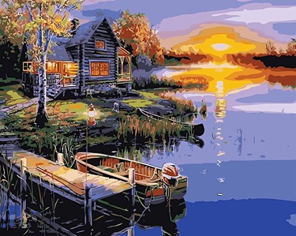 DIY Paint by Numbers, Canvas Oil Painting Kit for Adults Kids Arts Craft for Home Wall Decor, 16" W x20" L Drawing Paintwork with Paintbrushes, Acrylic Pigment-Lake&House
