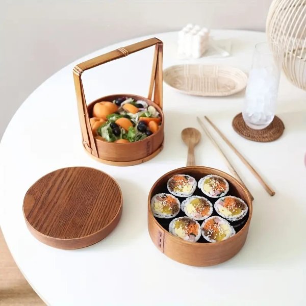 1pc Japanese Bento Box Lunch Box Wooden Picnic Baskets Sushi Box Portable Food Container For Office Work Picnic Hiking Beach Accessories