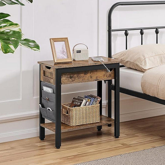 Narrow Nightstand with Charging Station, Flip Top Bedside Table with Drawer & Shelf & Removable Fabric Bag, Bedside Cabinet Side Table with USB Outlet for Bedroom/Small Space, Rustic Brown