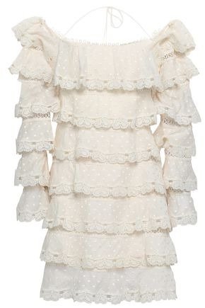 Tiered Swiss-dot cotton and silk-blend halterneck mini dress