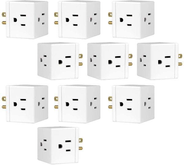 3-Outlet Extender Wall Tap Cube, 10 Pack, Adapter Spaced Outlets, Easy Access Design, Grounded, 3-Prong, Perfect for Home or Travel, UL Listed, White, 46847
