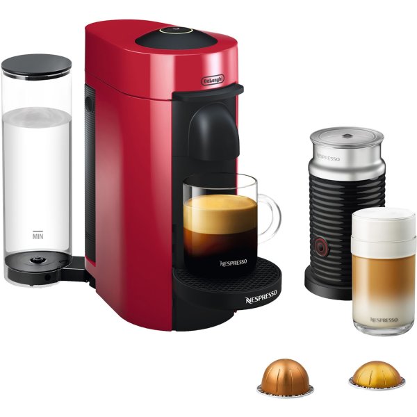 VertuoPlus Coffee and Espresso Maker Bundle with Aeroccino Milk Frother by De'Longhi, Red