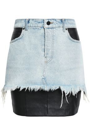 Stretch leather-paneled denim mini skirt