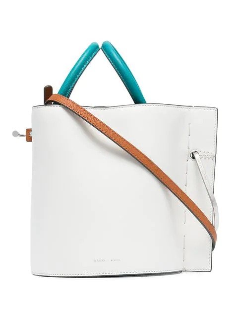 white, blue and tan bobbi leather bucket bag