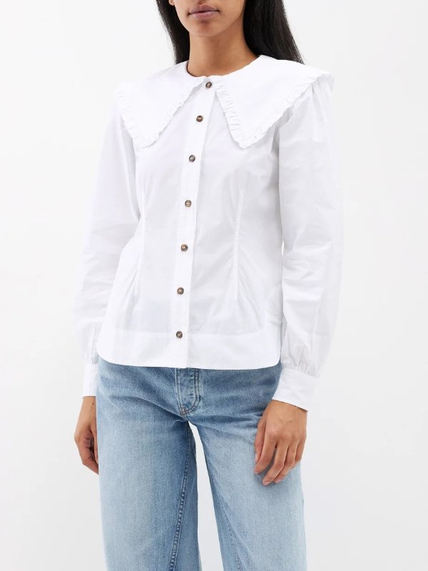 Ruffled-collar cotton-poplin shirt | Ganni