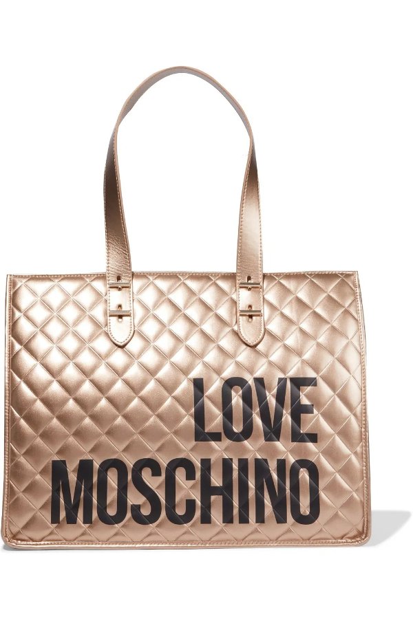 Quilted logo-print metallic faux leather tote