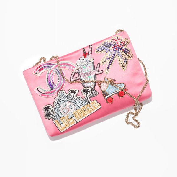 Clutch, Embroidered satin, sequins, glass beads, strass & gold-tone metal, pink & multicolor — Fashion | CHANEL