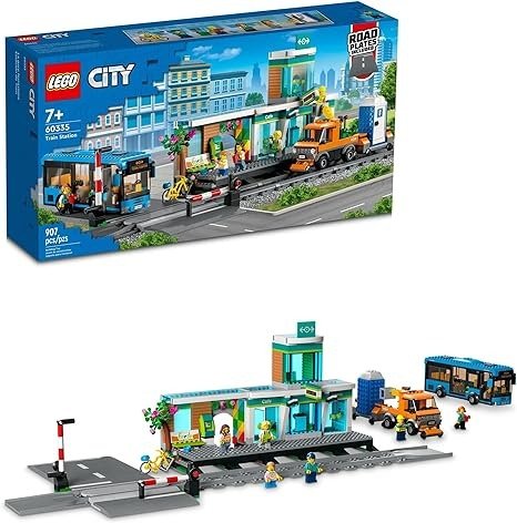 City Train Station Set 60335 with Bus, Rail Truck, and Tracks, Compatible with City Sets. Pretend Play Train Set for Kids Who Love Pretend Play