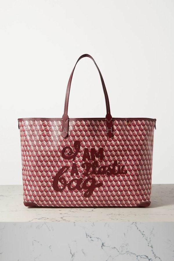 I Am A Plastic Bag appliqued leather-trimmed printed coated-canvas tote