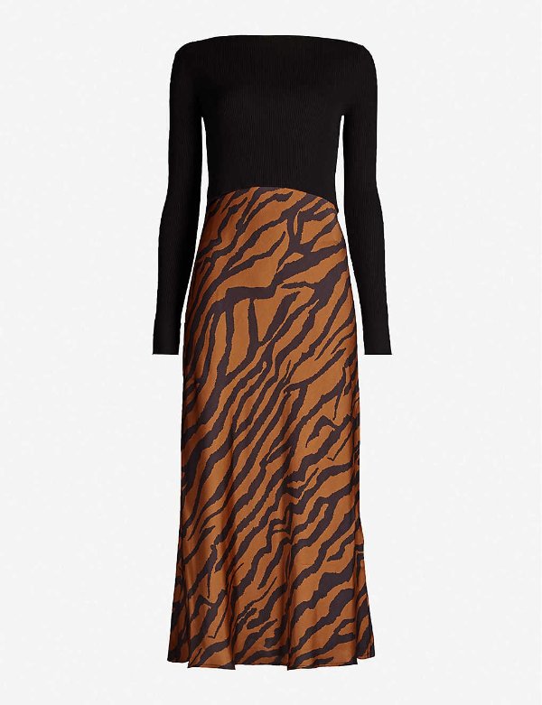 Zephyr tiger-print knitted and satin-crepe dress