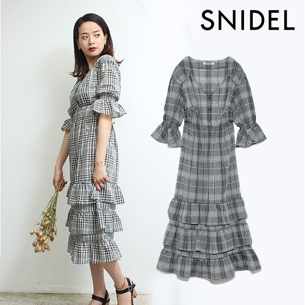 Gee, it is comb Arty ard long dress Lady's dress long length waist rubber checked pattern ティアードワンピースフリル long sleeves V neck swfo191029 << targeted for a coupon >> in スナイデル SNIDEL 19 spring