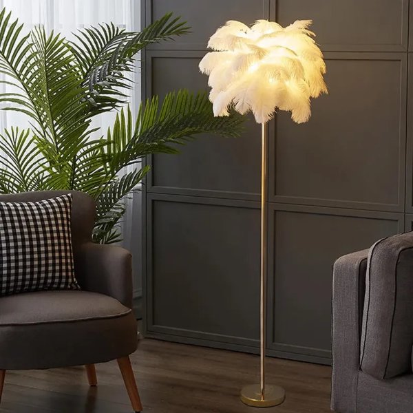 Modern Floor Lamp with White Feather Shade Gold Finish-Homary