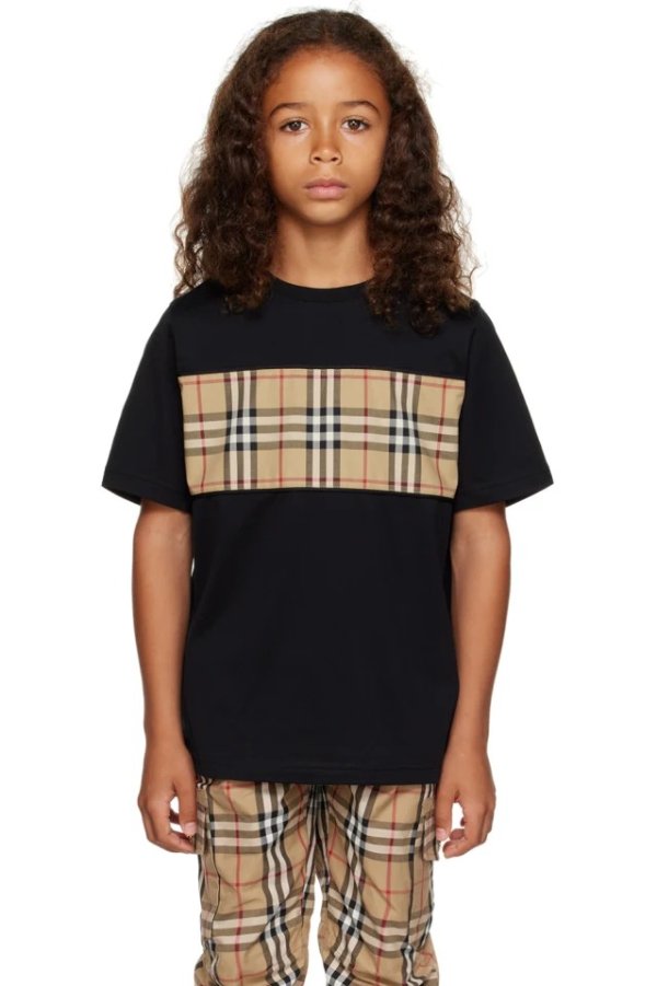 Kids Black Vintage Check T-Shirt