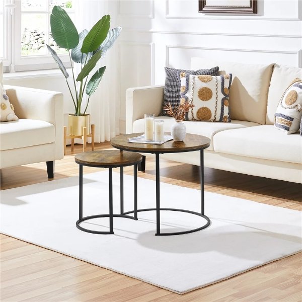 Nesting Coffee Table Set with Round Wooden Tabletop, Rustic Brown