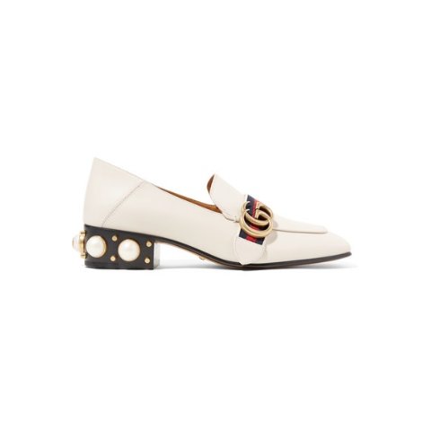 GucciLogo and faux pearl-embellished leather collapsible-heel pumps