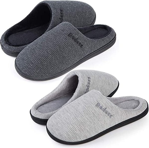 2 Pairs Women's Warm Soft Cozy Fleece Lining House Slippers Two-Tone Memory Foam Slippers Winter Bedroom Shoes Indoor Outdoor with Non-Slip Rubber Sole