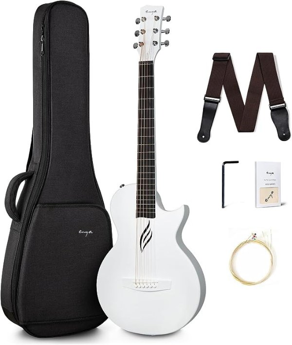 Nova Go Carbon Fiber Acoustic Guitar 1/2 Size Beginner Adult Travel Acustica Guitarra w/Starter Bundle Kit of Colorful Packaging, Acoustic Guitar Strap, Gig Bag, Cleaning Cloth, String(White)