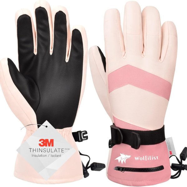 WOLFILIST Ski Gloves Waterproof Windproof - 3M Thinsulate Insulated Warm Snow Gloves, Snowboard Gloves with Zipper Pocket, Touchscreen Winter Gloves for Men Women (Pink, Medium)
