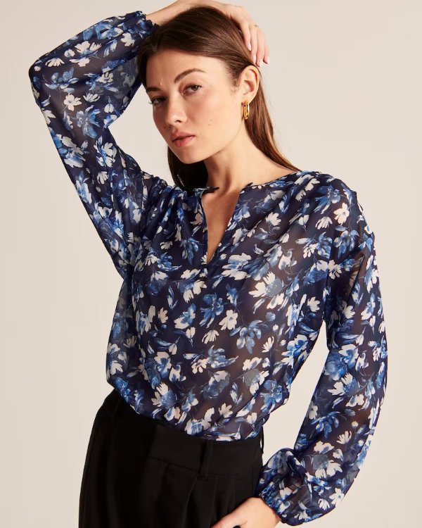 Women's Long-Sleeve Sheer Plunge Top | Women's Up To 25% Off Select Styles | Abercrombie.com