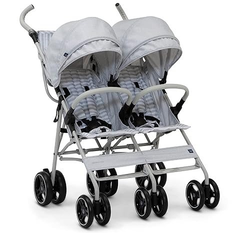 GAP babyGap Classic Side-by-Side Double Stroller - Lightweight Double Stroller with Recline, Extendable Sun Visors & Compact Fold - Made with Sustainable Materials, Grey Stripes