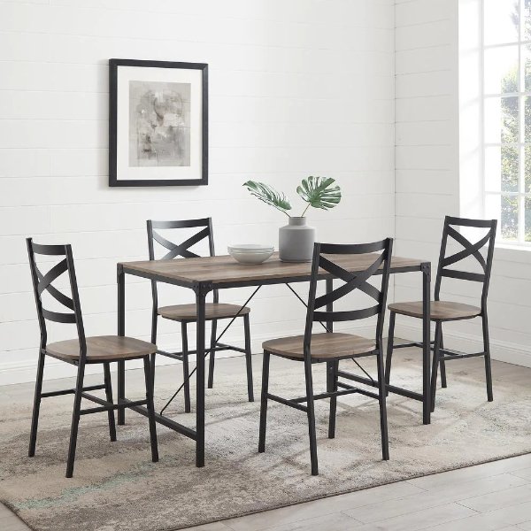 5-Piece Grey Wash Angle Iron Dining Set with X-Back Chairs