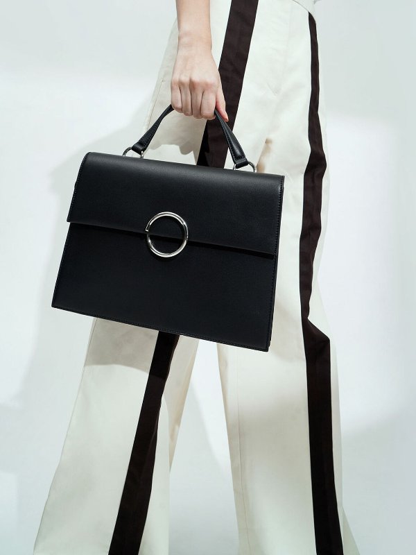 Black Ring Detail Large Top Handle Bag | CHARLES &amp; KEITH
