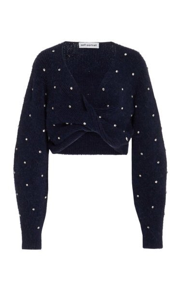 Diamante Embellished Twist-Front Cropped Sweater
