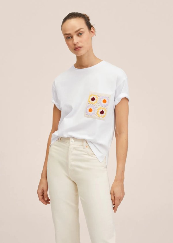 Embroidered detail cotton t-shirt - Women | Mango USA