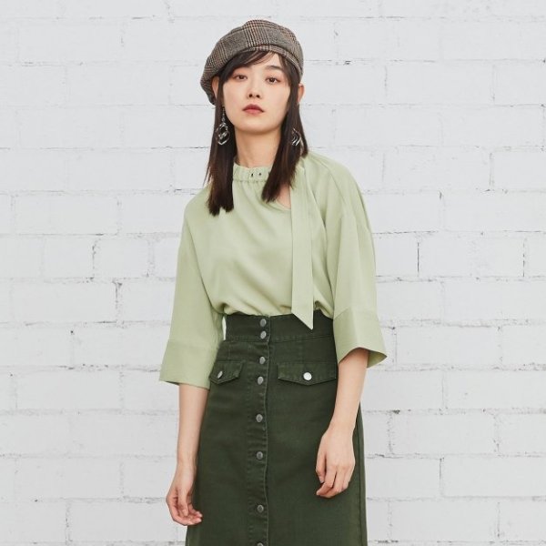 Green Plain Half High Collar 3/4 Sleeve Standard Women's T-Shirt