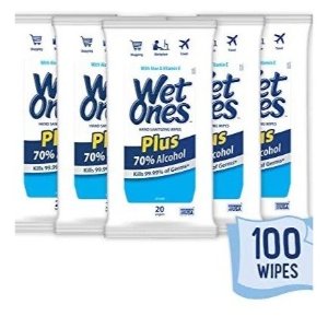 Wet Ones Plus 70% Alcohol Hand Sanitizer Wipes, 20 Count (Pack of 5)