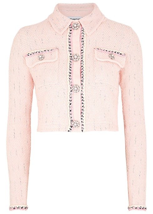 Pink melange embellished cotton-blend cardigan