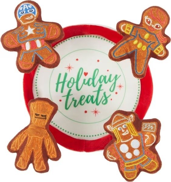 's Holiday Black Widow, Captain America, Groot & Thor Cookie Plate Plush Squeaky Dog Toy, 5 count, Small/Medium